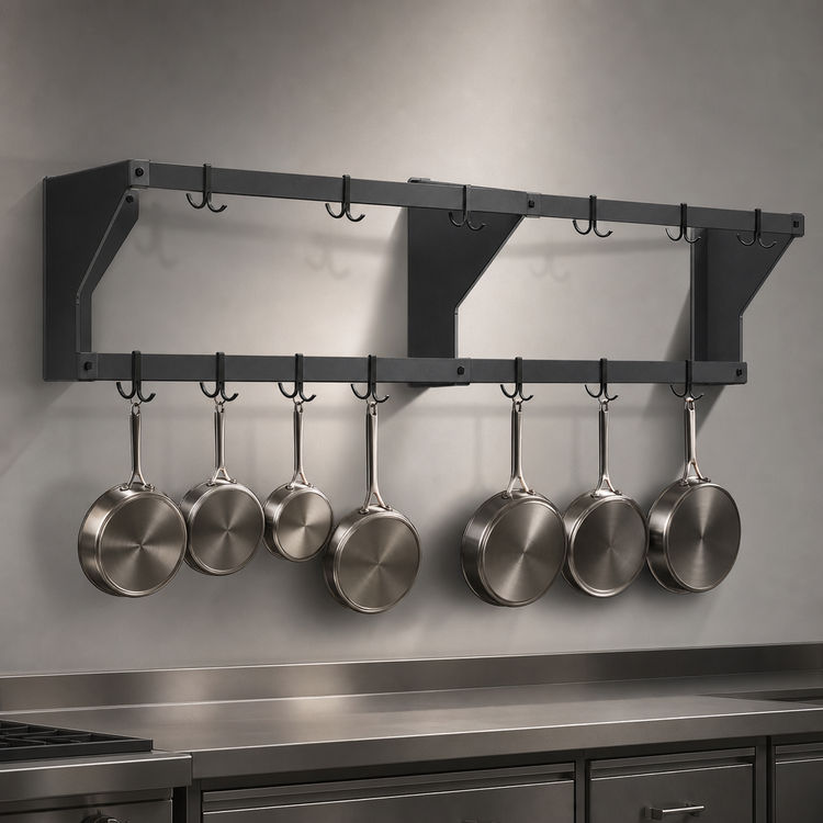 Product image #3 for 84-Inch Wall-Mounted Aluminum Double-Bar Pot Rack with 14 Hooks