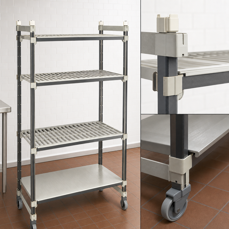 Product image #3 for Cambro Camshelving Elements XTRA 21" x 36" x 80" High Density Top Rail Mobile Starter Unit, 4-Tier, 3 Vented + 1 Solid