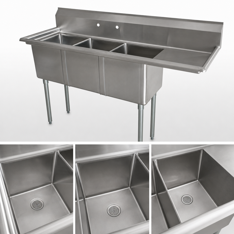 Product image #3 for Omcan 3-Compartment Stainless Steel Pot Sink with Right-Hand Drainboard and Center Drain, 48.5-Inch Wide