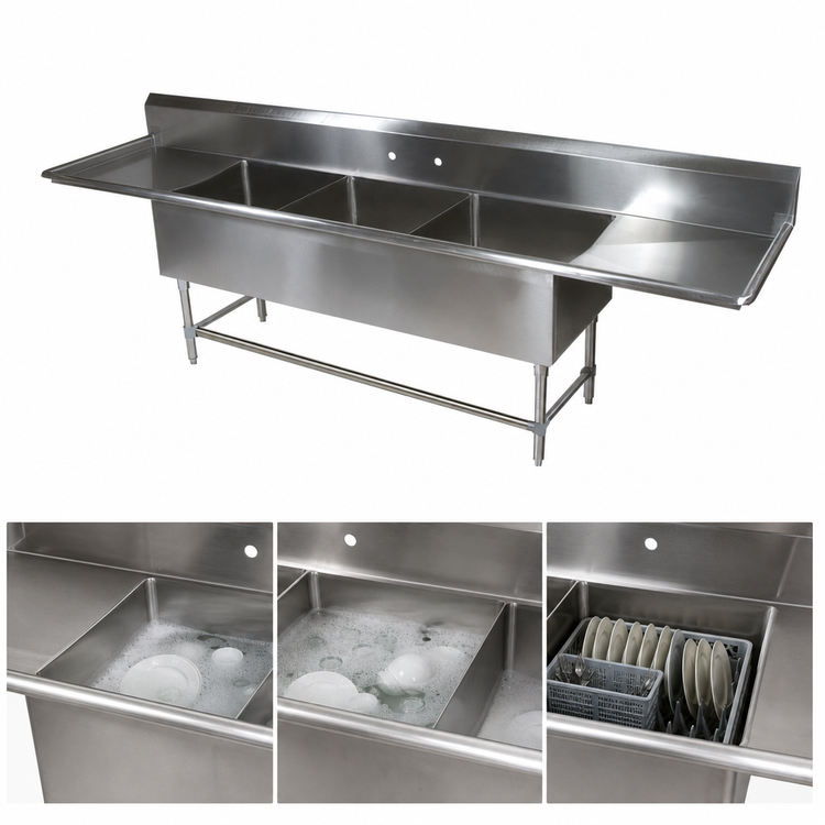Product image #3 for John Boos Pro-Bowl 3-Compartment Sink with Left and Right Drainboards, 20" x 20" x 14" Bowls, 14-Gauge 300-Series Stainless Steel