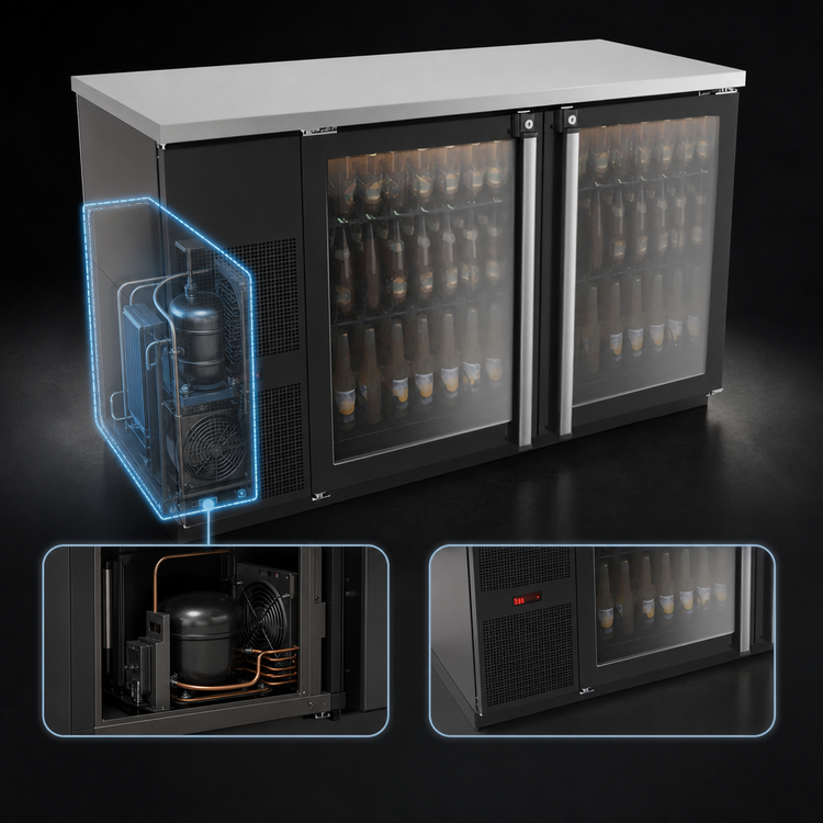 Product image #3 for Pro-Line E-Series Two-Section Self-Contained Refrigerated Back Bar Cooler with Glass Doors, 59-1/2 Inch, Black