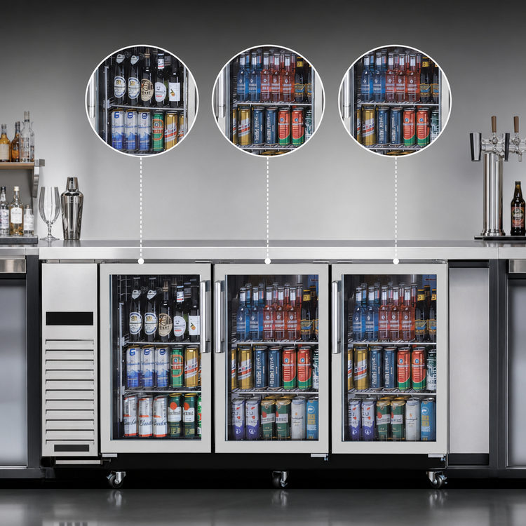 Product image #3 for Turbo Air Super Deluxe Three-Section Narrow Back Bar Cooler with 3 Glass Doors