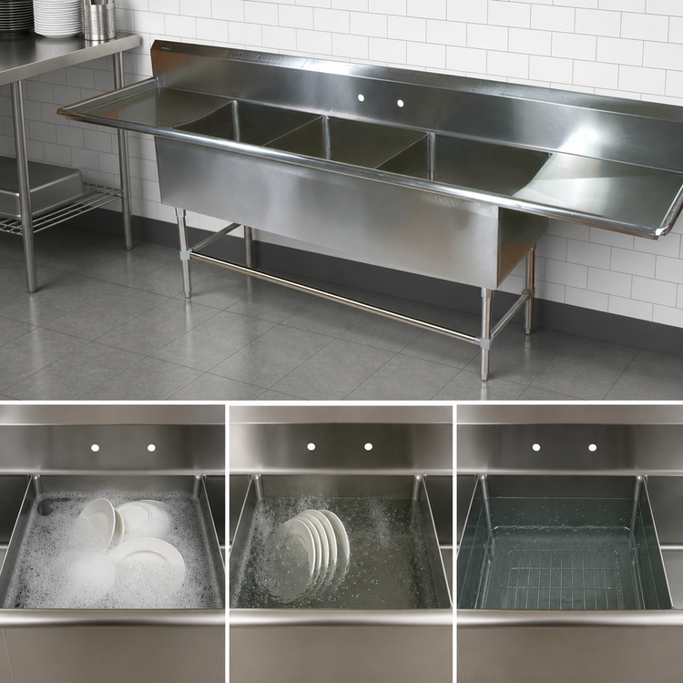 Product image #3 for John Boos Pro-Bowl 3-Compartment Sink with Dual 18-Inch Drainboards, 20 x 20 x 12-Inch Bowls, 16-Gauge Stainless Steel