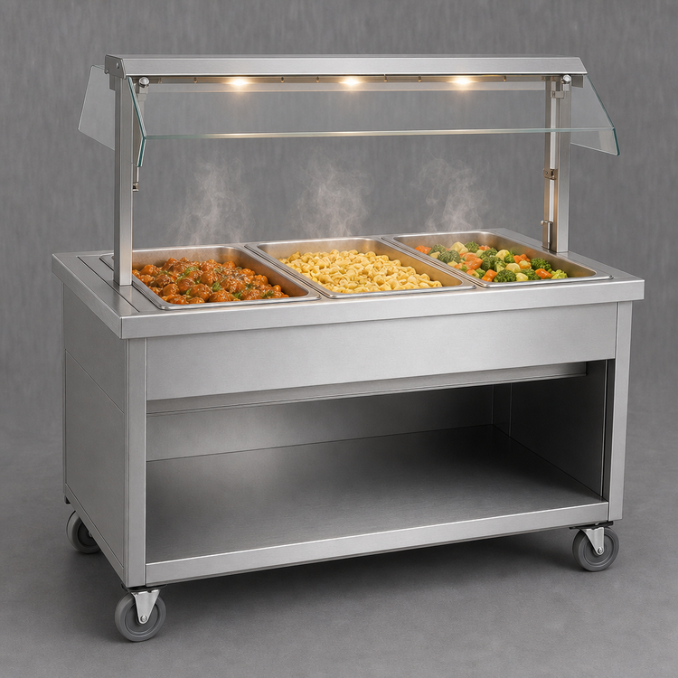 Product image #3 for Vollrath 2-Series Affordable Portable 3-Well Hot Food Station with Open Storage Base, Buffet Breath Guard, Lights, and Brushed Aluminum Finish