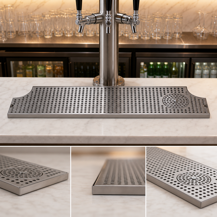 Product image #3 for Micro Matic Surface Mount Stainless Steel Drip Tray Trough with Integral Glass Rinser and Metropolis H Cutout, 52 Inch