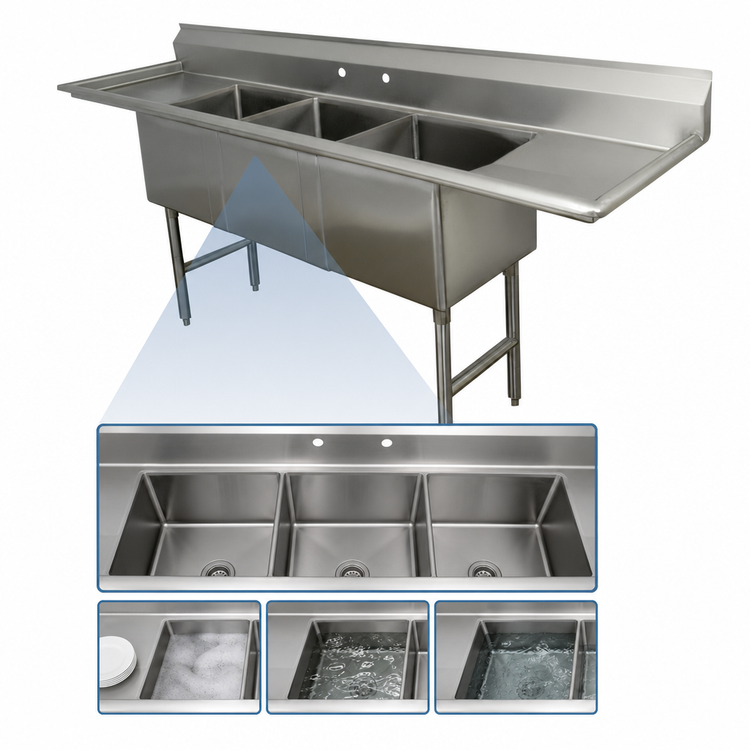 Product image #3 for Advance Tabco Fabricated 3-Compartment Stainless Steel Sink with 36-Inch Left and Right Drainboards, 30 x 24 x 14-Inch Bowls