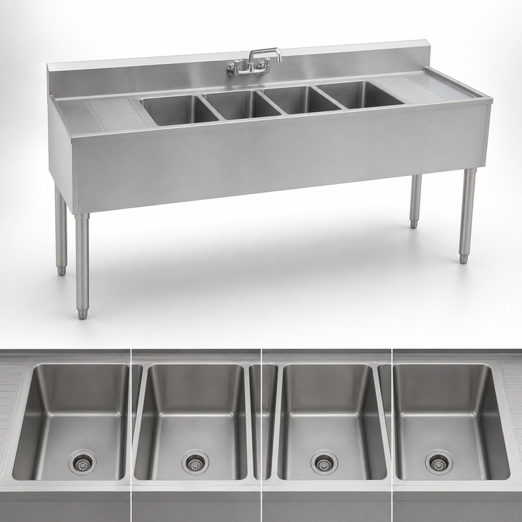 Product image #3 for Eagle Group 1800 Series 72-Inch Wide 4-Compartment Underbar Sink Unit with Drainboards and Faucets