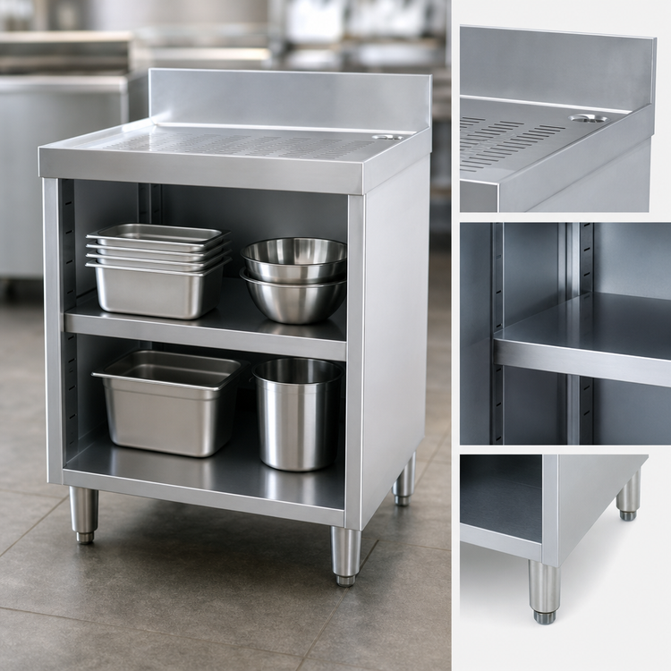 Product image #3 for Advance Tabco Underbar Basics™ Stainless Steel Freestanding Drainboard with Open Cabinet Base, Mid-Shelf, and 4-Inch Backsplash, 24 x 21 x 33 Inches