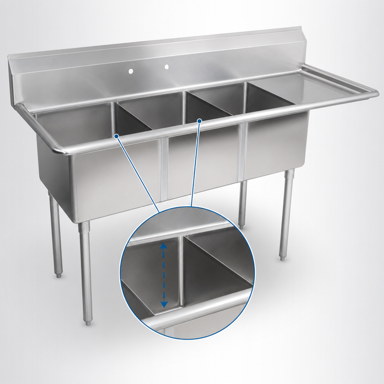 Product image #3 for John Boos E-Series 3-Compartment Stainless Steel Sink with Right Drainboard