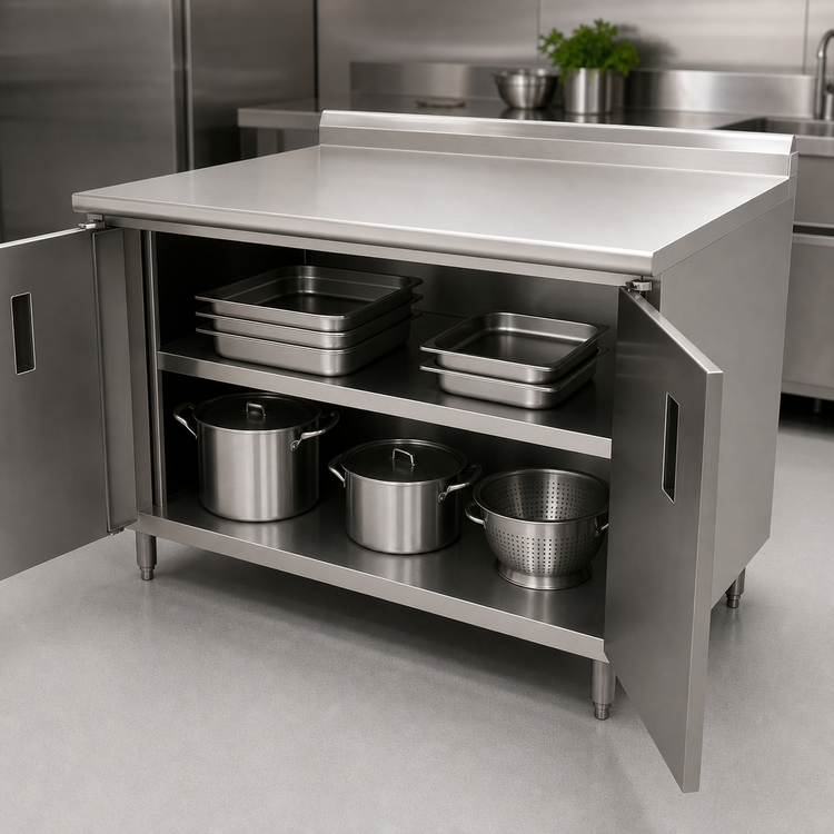 Product image #3 for Enclosed Stainless Steel Work Table, Cabinet Base, Mid-Shelf, Hinged Doors, 14-Gauge 304 Top, 120 x 24 Inches