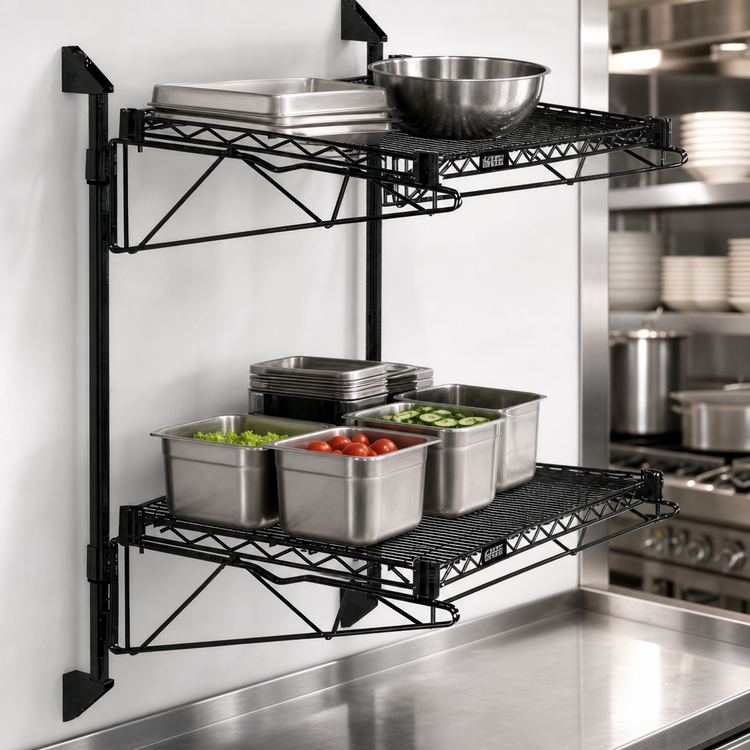 Product image #3 for Quantum Cantilever Double Shelf Post Wall Mount Wire Shelving Unit, 24 x 14 Inches, Black Epoxy Coated