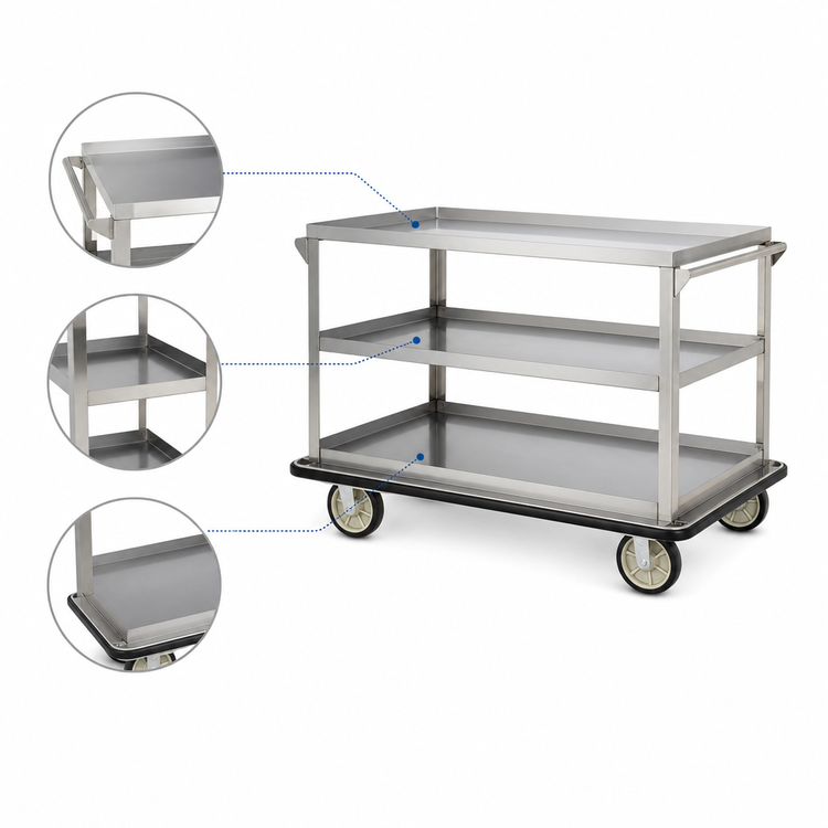 Product image #3 for FWE Queen Mary Utility Cart, 3-Shelf Stainless Steel Banquet Cart, 62 Inch Wide