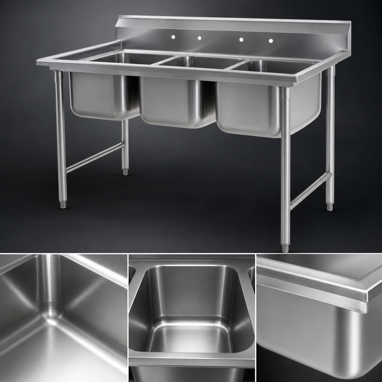 Product image #3 for Eagle Group 414 Series Coved Corner Three-Compartment Sink with 24" x 24" Bowls, No Drainboards