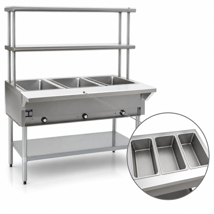 Product image #3 for Eagle Group 3-Well Dry Natural Gas Hot Food Table, Open Base, 48 Inch, Stainless Steel Top, with Flex-Master Overshelves