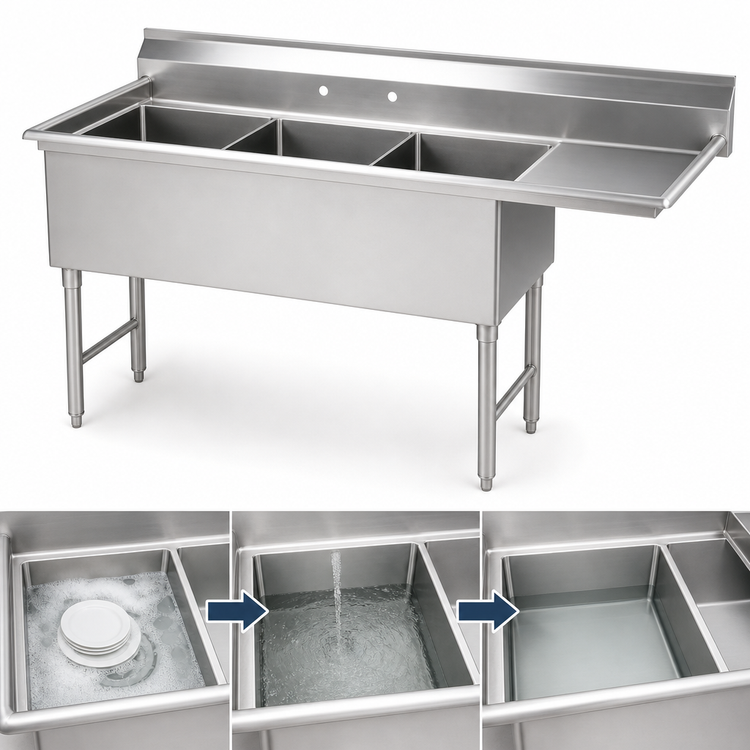Product image #3 for 3-Compartment Fabricated Sink with Right Drainboard, 30" x 24" x 14" Bowls, 14-Gauge 304 Stainless Steel