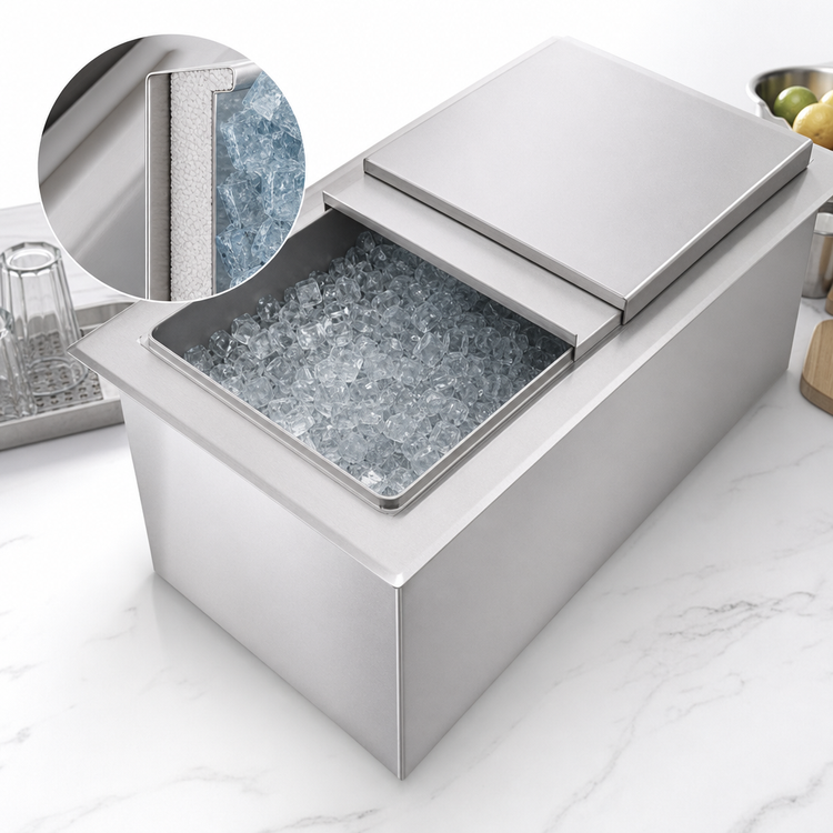 Product image #4 for John Boos Drop-In Insulated Stainless Steel Ice Bin with Sliding Lid and Drain, Without Cold Plate