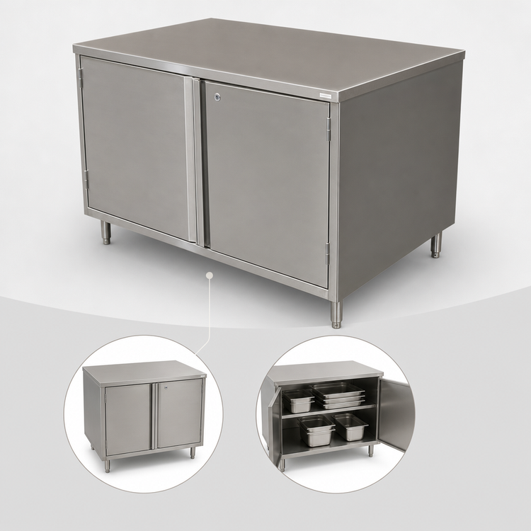 Product image #3 for BK Resources Stainless Steel Chef Table Cabinet Base with Locking Hinged Doors, 36 x 24 Inches