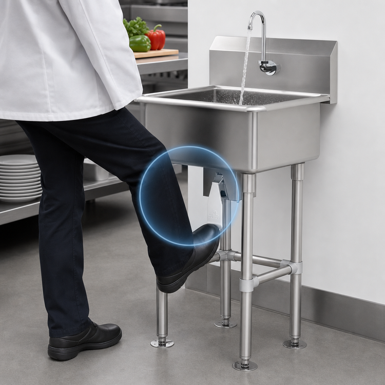 Product image #3 for Advance Tabco Freestanding Stainless Steel Service Sink with Knee Valve, Gooseneck Spout, and 24 x 18 x 8 Inch Bowl