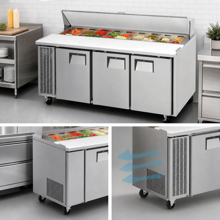 Product image #3 for Everest Refrigeration Three-Section Sandwich Prep Table, 71-1/8 Inch Wide, 21 Cubic Feet, Self-Contained Side-Mounted Refrigeration