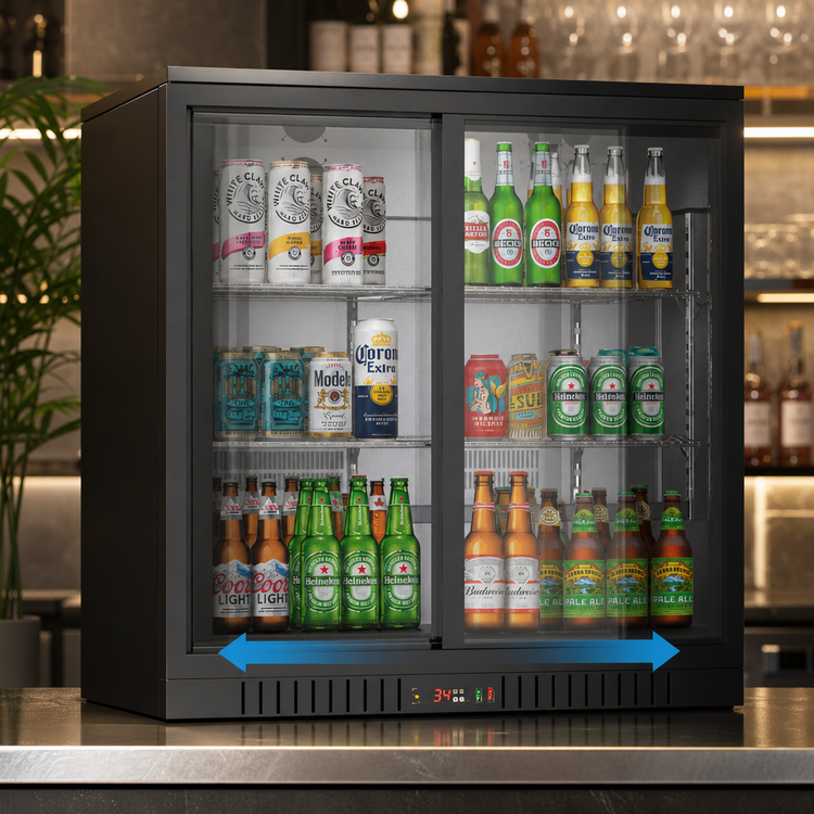 Product image #3 for KoolMore 35.4-Inch Wide Two-Section Back Bar Refrigerator, 7.4 Cu. Ft., Black, Sliding Glass Doors