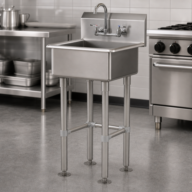 Product image #3 for Advance Tabco Freestanding Stainless Steel Service Sink with 24 x 18 x 12 Deep Bowl, Gooseneck Faucet, and Rear Basket Drain