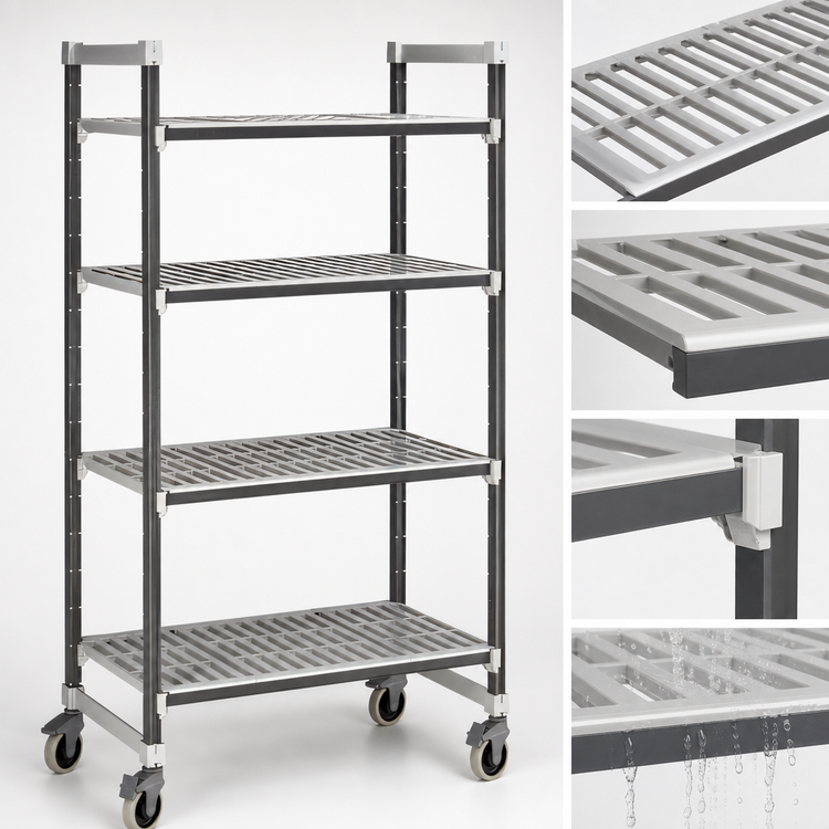 Product image #3 for Cambro Camshelving Elements XTRA 4-Shelf Mobile Starter Unit, 21 x 60 x 70-1/4 Inches, Vented, Speckled Gray