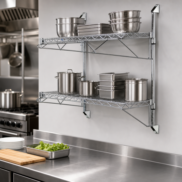 Product image #3 for Quantum Wall-Mount Cantilever Double Wire Shelving Unit, 2 Shelves, 42 x 14 Inches, Chrome-Plated