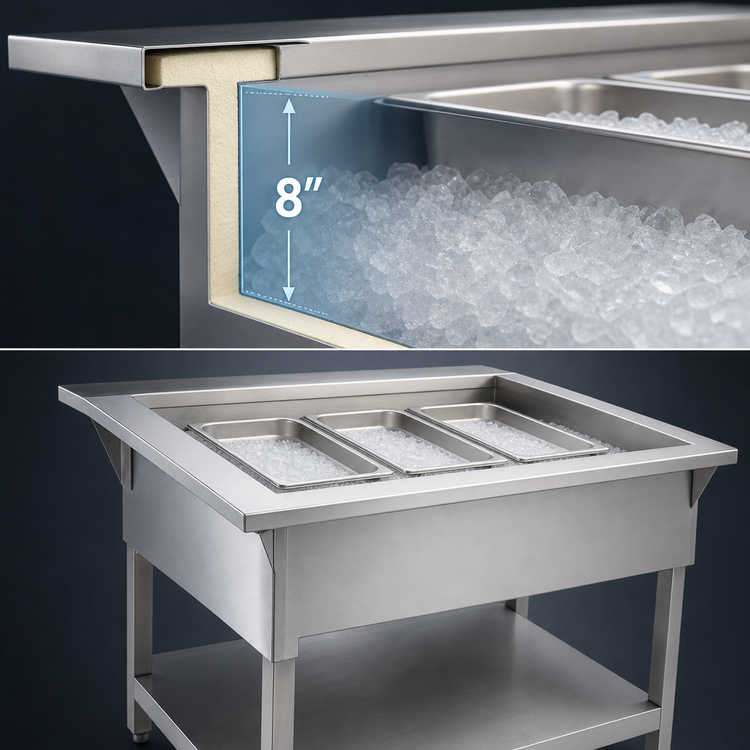 Product image #3 for Klinger's Trading CP3 Stationary 3-Pan Ice-Cooled Stainless Steel Cold Pan Table