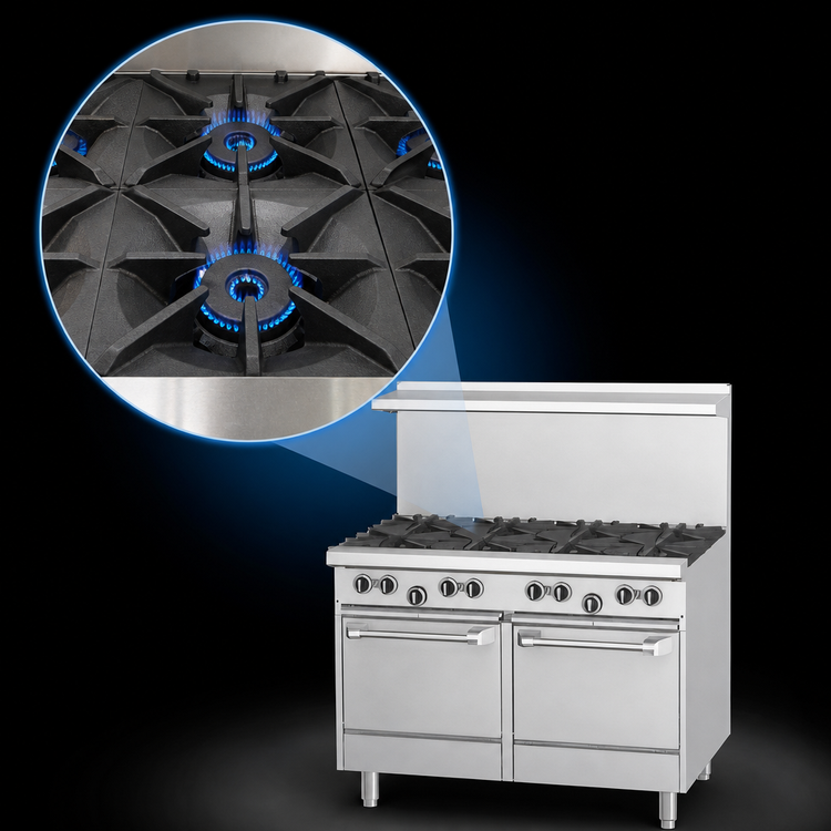 Product image #3 for US Range U-Series 48-Inch Gas Restaurant Range with 6 Open Burners, 12-Inch Griddle, and Dual Space-Saver Ovens