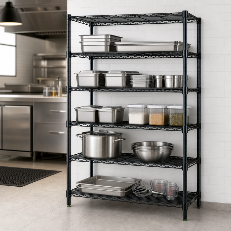 Product image #3 for Quantum 42-Inch W x 12-Inch D x 54-Inch H Wire Shelving Starter Kit, 5 Shelves, Black Epoxy Antimicrobial Finish