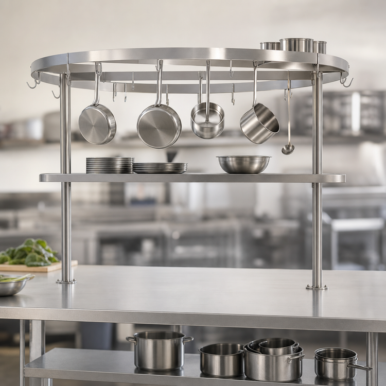 Product image #3 for Advance Tabco 108-Inch Table-Mounted Circular Stainless Steel Pot Rack with 18 Hooks and Utensil Rack