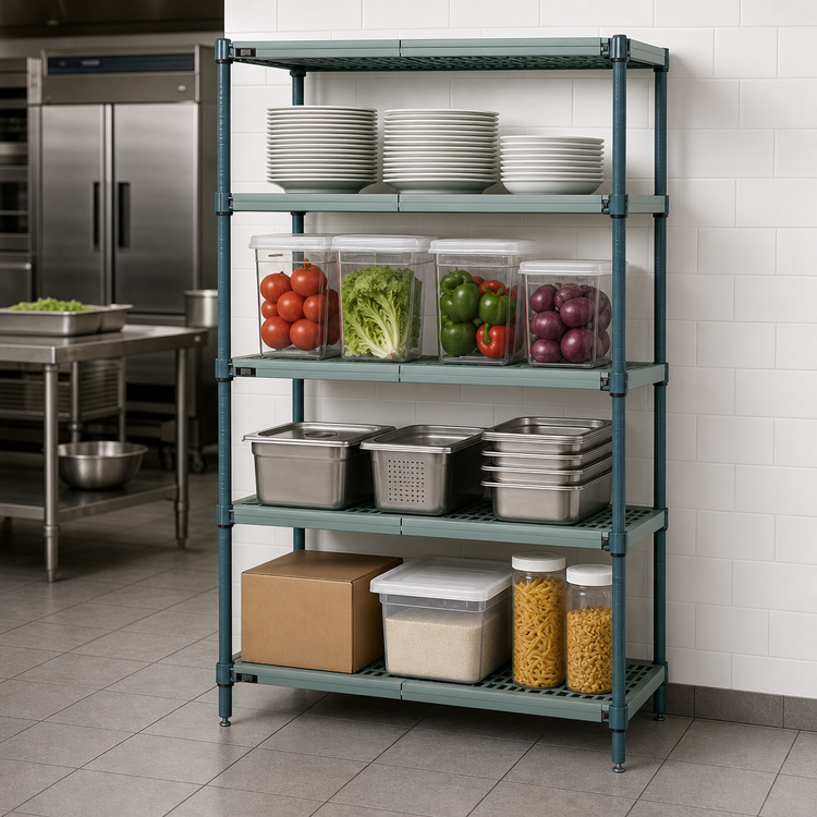 Product image #3 for Quantum 4-Tier Stationary Wire Plastic Mat Shelving Unit, 54W x 18D x 63H, Green Epoxy