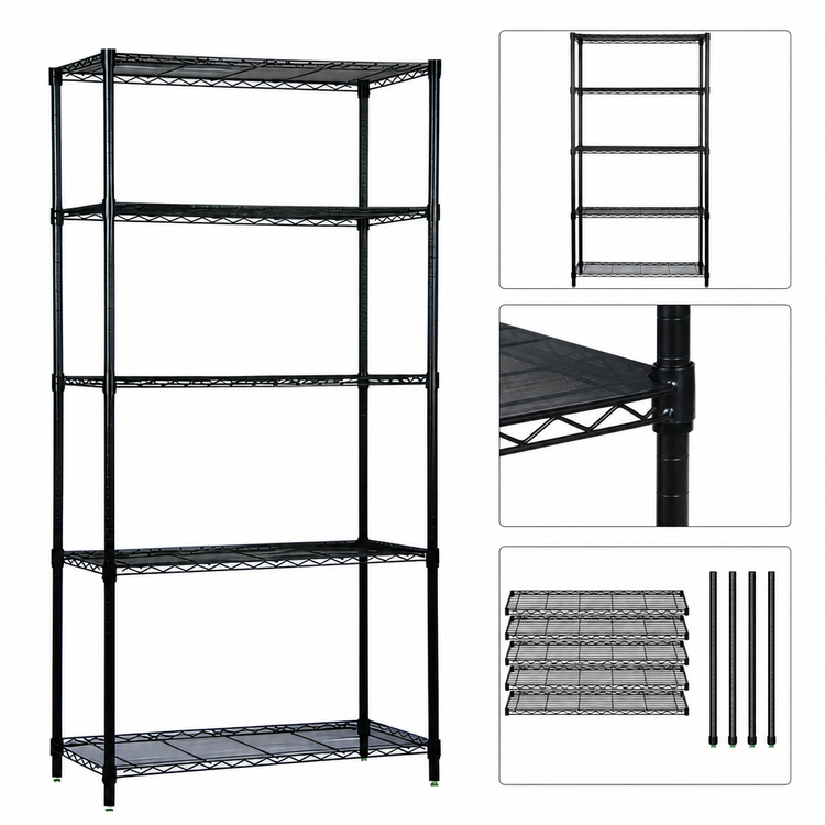 Product image #3 for Quantum 42"W x 21"D x 54"H Stationary Wire Shelving Starter Kit with 5 Shelves, Black Epoxy Antimicrobial Finish