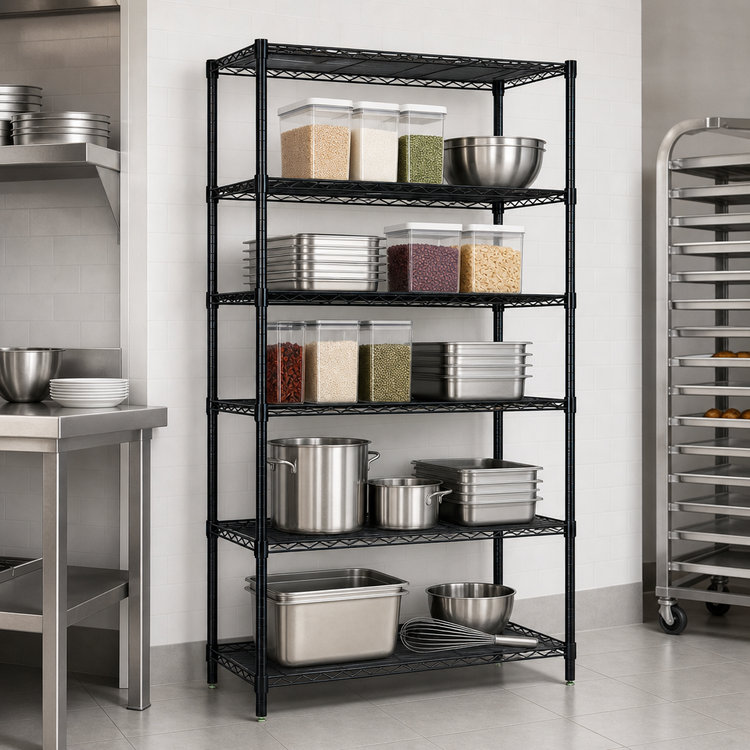 Product image #3 for Quantum Wire Shelving Starter Kit, 42 x 30 x 63 Inches, 5 Shelves, Black Epoxy Antimicrobial Finish