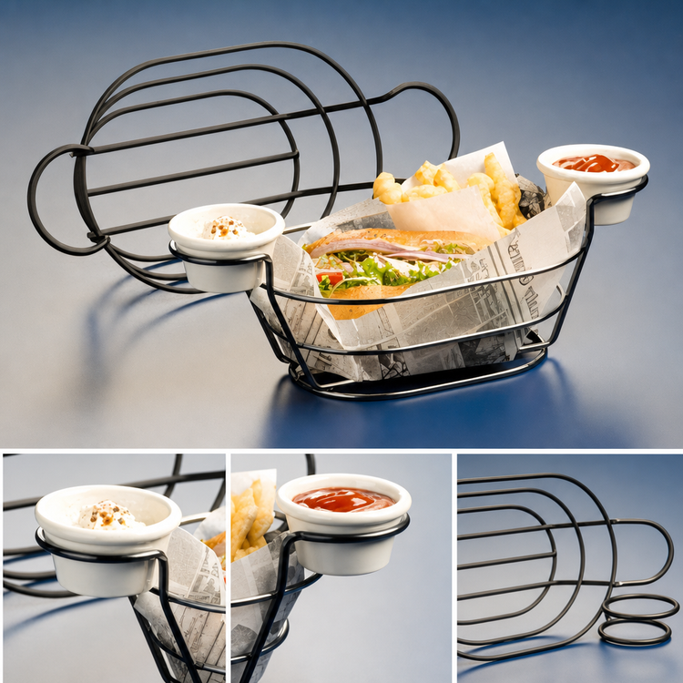 Product image #3 for American Metalcraft Black Oval Wire Serving Basket with Built-In Ramekin Holders