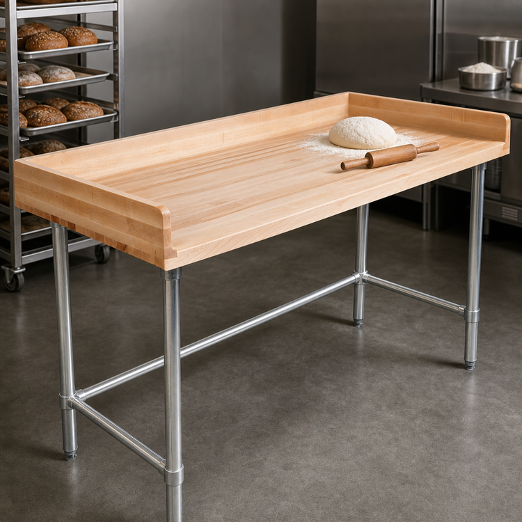 Product image #3 for John Boos Bakers' Top Work Table, 120" W x 24" D, Northern Hard Rock Maple Top, Stainless Steel Legs