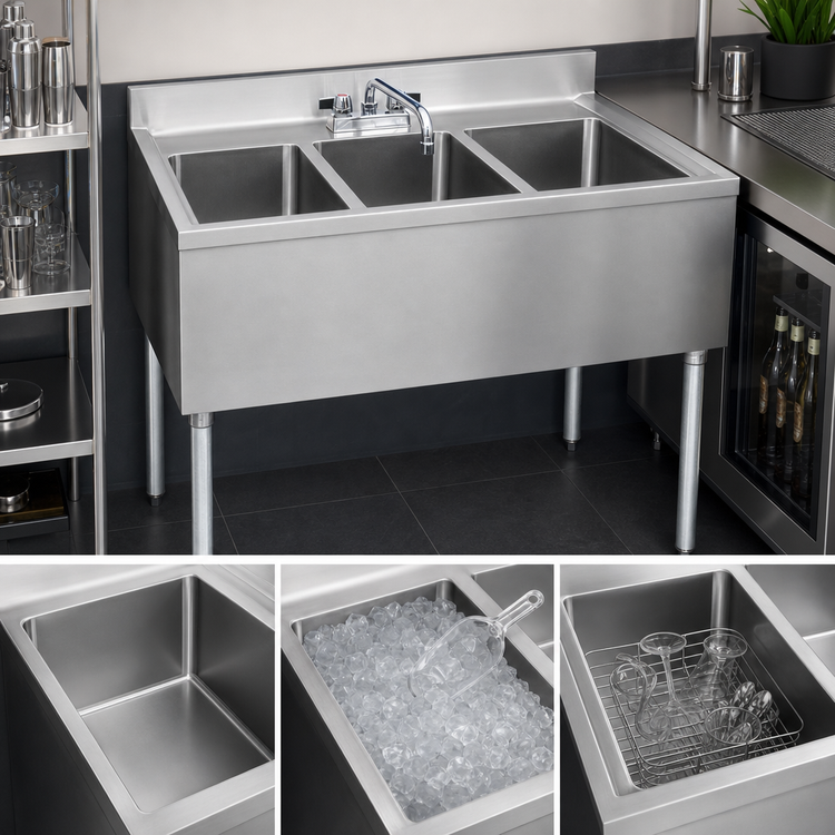 Product image #3 for BK Resources 36-Inch Wide Three-Compartment Stainless Steel Underbar Sink with 4-1/2 Inch Backsplash