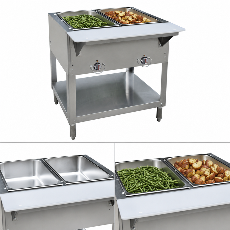 Product image #3 for BK Resources Two-Well Propane Stainless Steel Open-Well Steam Table with Cutting Board Shelf and Adjustable Undershelf