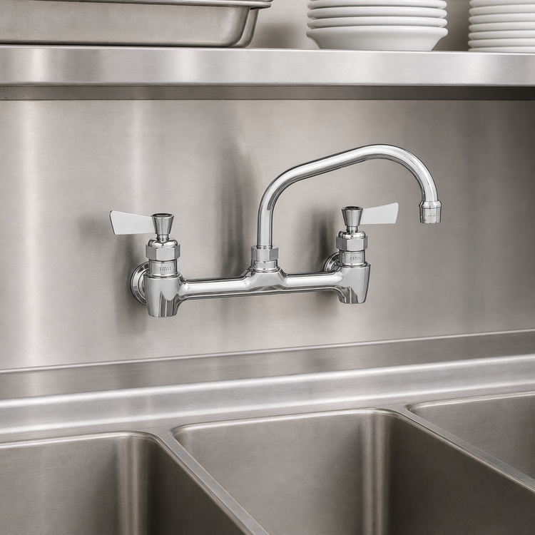 Product image #3 for Stainless Steel Backsplash-Mount Commercial Faucet with 14-Inch Swing Spout and Lever Handles