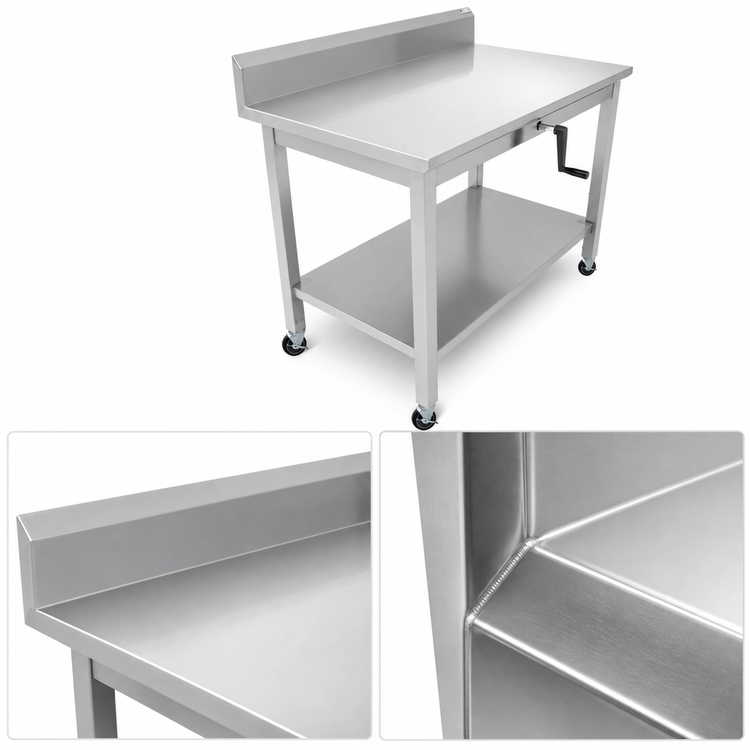 Product image #3 for John Boos ADA Adjustable-Height Hydraulic Lift Stainless Steel Work Table with 5-Inch Backsplash and Locking Casters, 48 x 30 Inches