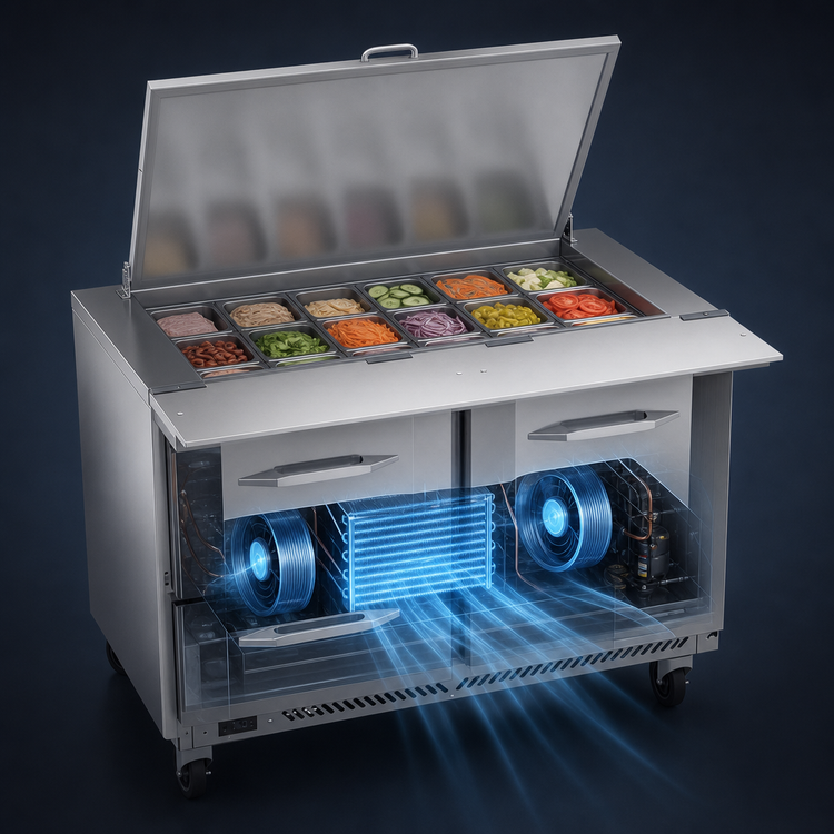 Product image #4 for Victory UltraSpec™ VSPD48HC-18B-2 48" Two-Section Sandwich Prep Refrigerator with Drawers and 18 Pan Capacity