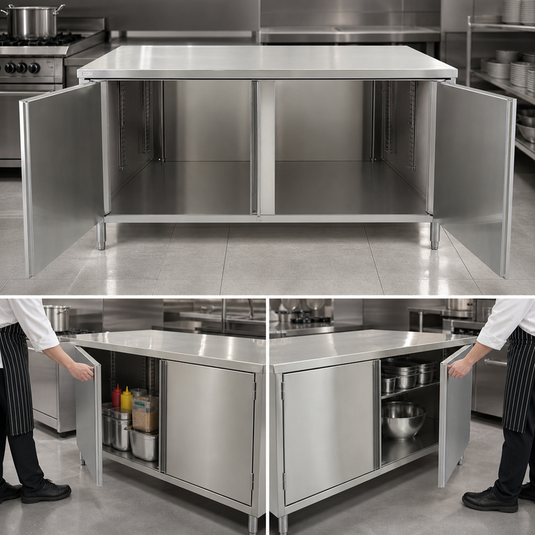 Product image #3 for BK Resources Dual-Access Chef Table with Cabinet Base and Hinged Doors, 48 x 36 Inches