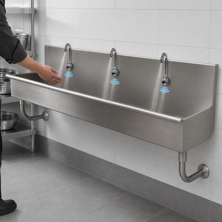 Product image #3 for Advance Tabco 3-Station Wall-Mounted Multiwash Hand Sink with 3 Electronic Faucets, 60 Inch