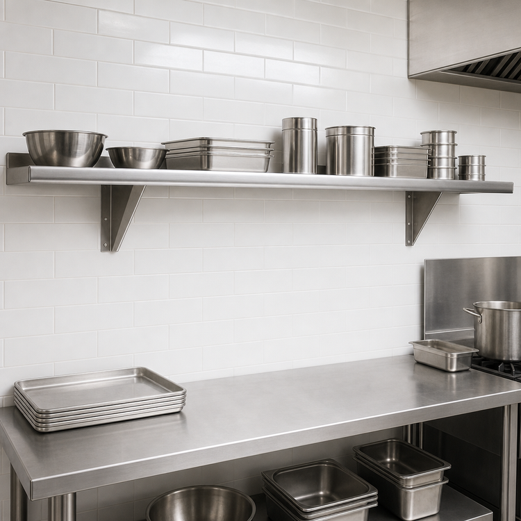 Product image #3 for Advance Tabco Wall-Mounted Shelf, 108 Inches Wide x 12 Inches Deep, 18-Gauge 430 Stainless Steel, Satin Finish