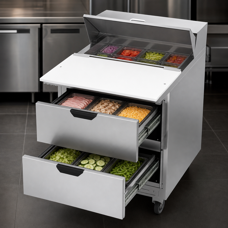 Product image #4 for Beverage-Air SPED27HC-C 27-Inch One-Section Sandwich Prep Table with 2 Drawers and 17-Inch Cutting Board