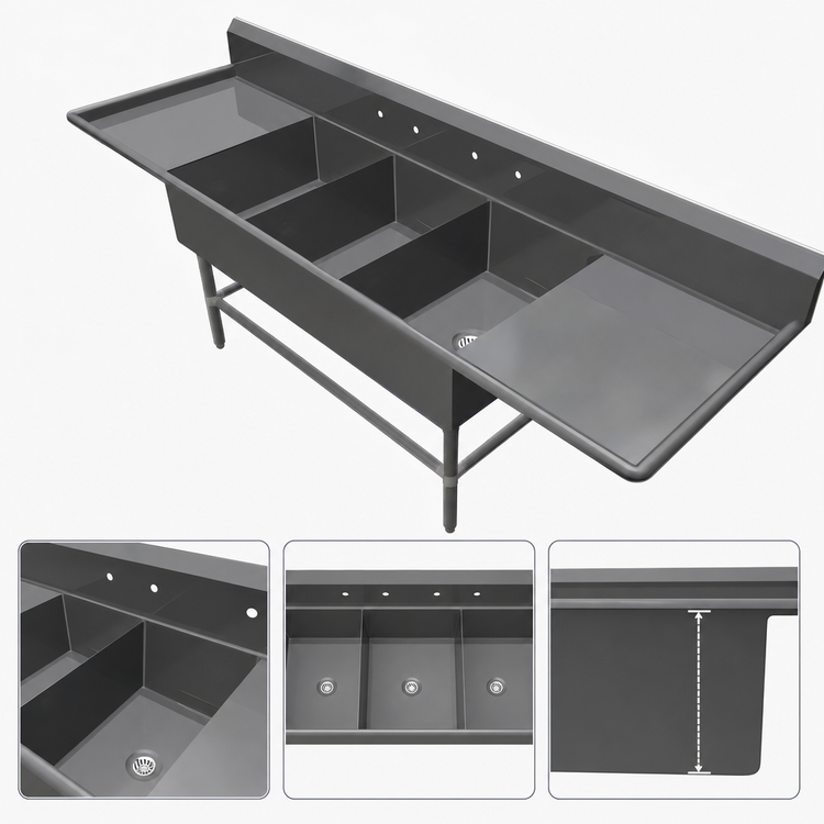 Product image #3 for John Boos Pro-Bowl 3-Compartment Stainless Steel Sink with Dual 30-Inch Drainboards