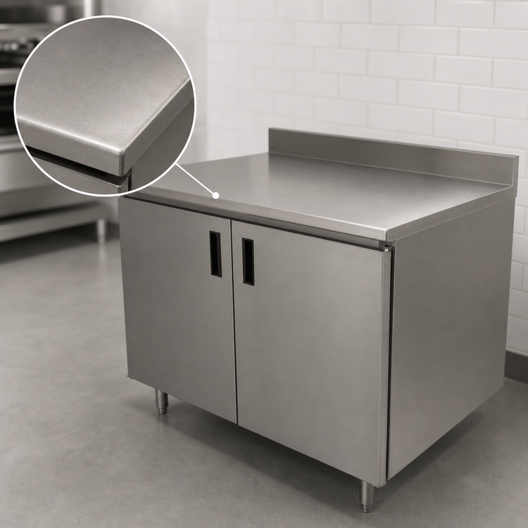 Product image #3 for Advance Tabco 60" W x 30" D Enclosed Work Table with 14-Gauge 304 Stainless Steel Top, Cabinet Base, Mid-Shelf, Hinged Doors, and 5" Backsplash