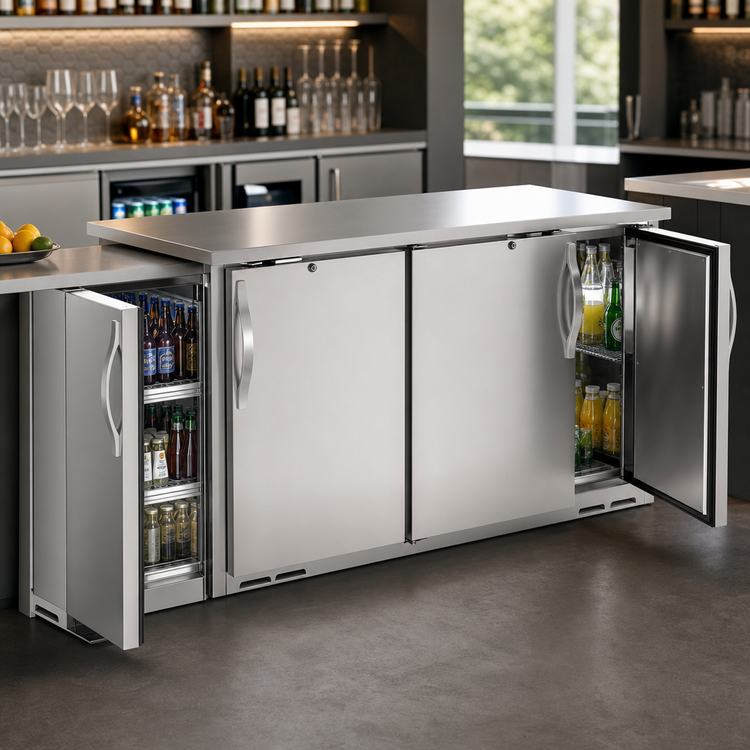 Product image #3 for Beverage-Air BB48HC-PT-S Two-Section Pass-Thru Back Bar Refrigerator with 4 Solid Doors and Stainless Steel Top