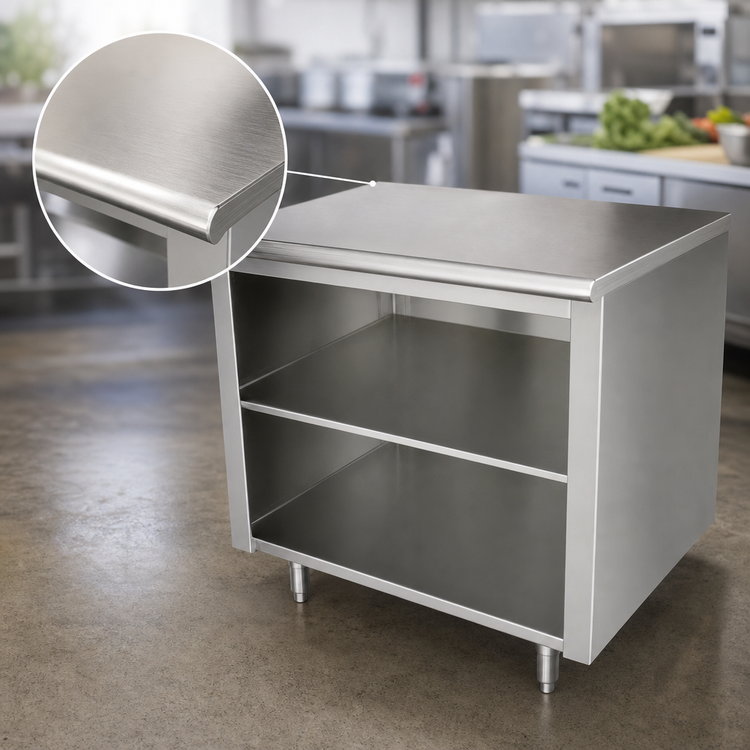 Product image #3 for Advance Tabco 96-Inch W x 24-Inch D Open Front Cabinet Base Work Table with Mid-Shelf, 14 Gauge 304 Stainless Steel Top