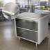 Thumbnail image #3 for Advance Tabco 96-Inch W x 24-Inch D Open Front Cabinet Base Work Table with Mid-Shelf, 14 Gauge 304 Stainless Steel Top